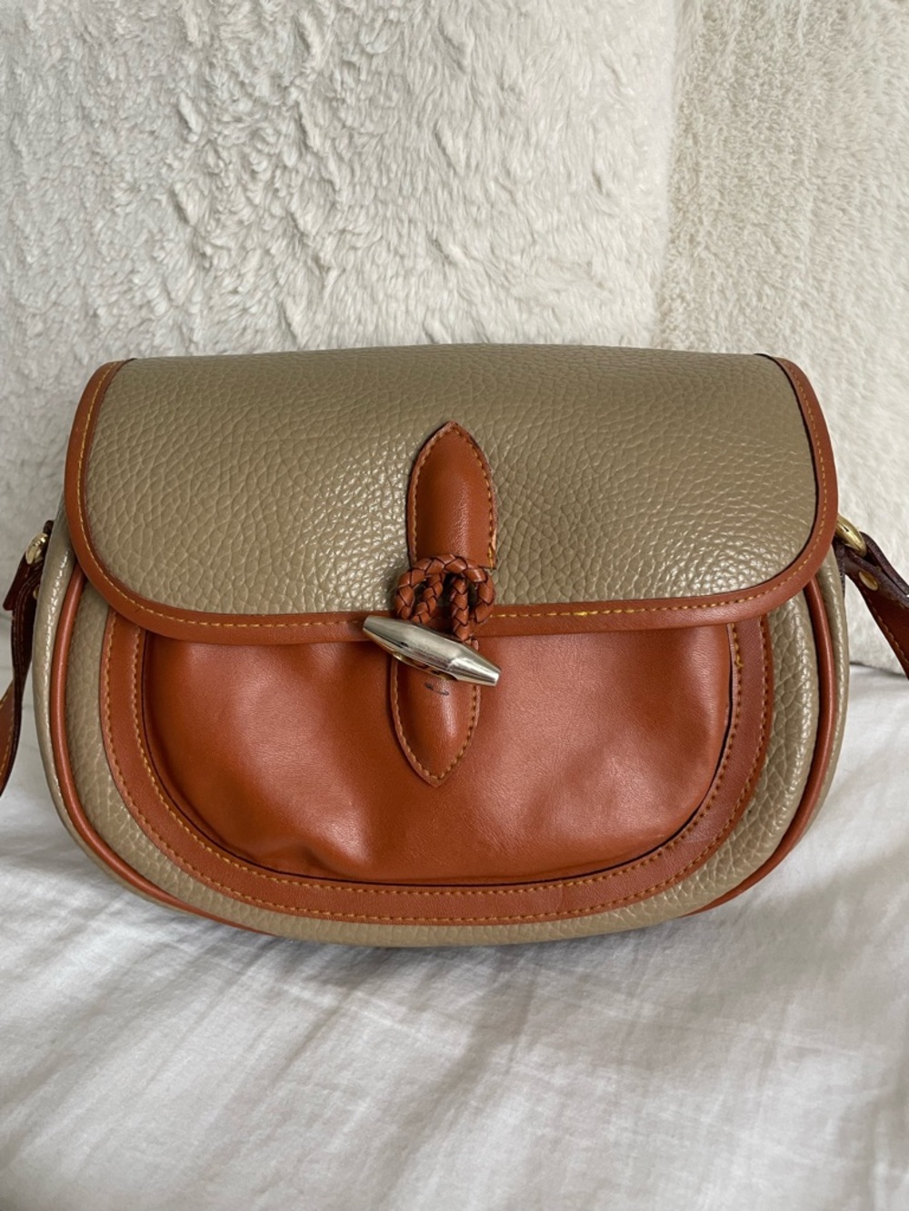 Dooney & Bourke Vintage Crossbody Saddle Bag in Taupe and Cognac - Picture 3 of 9